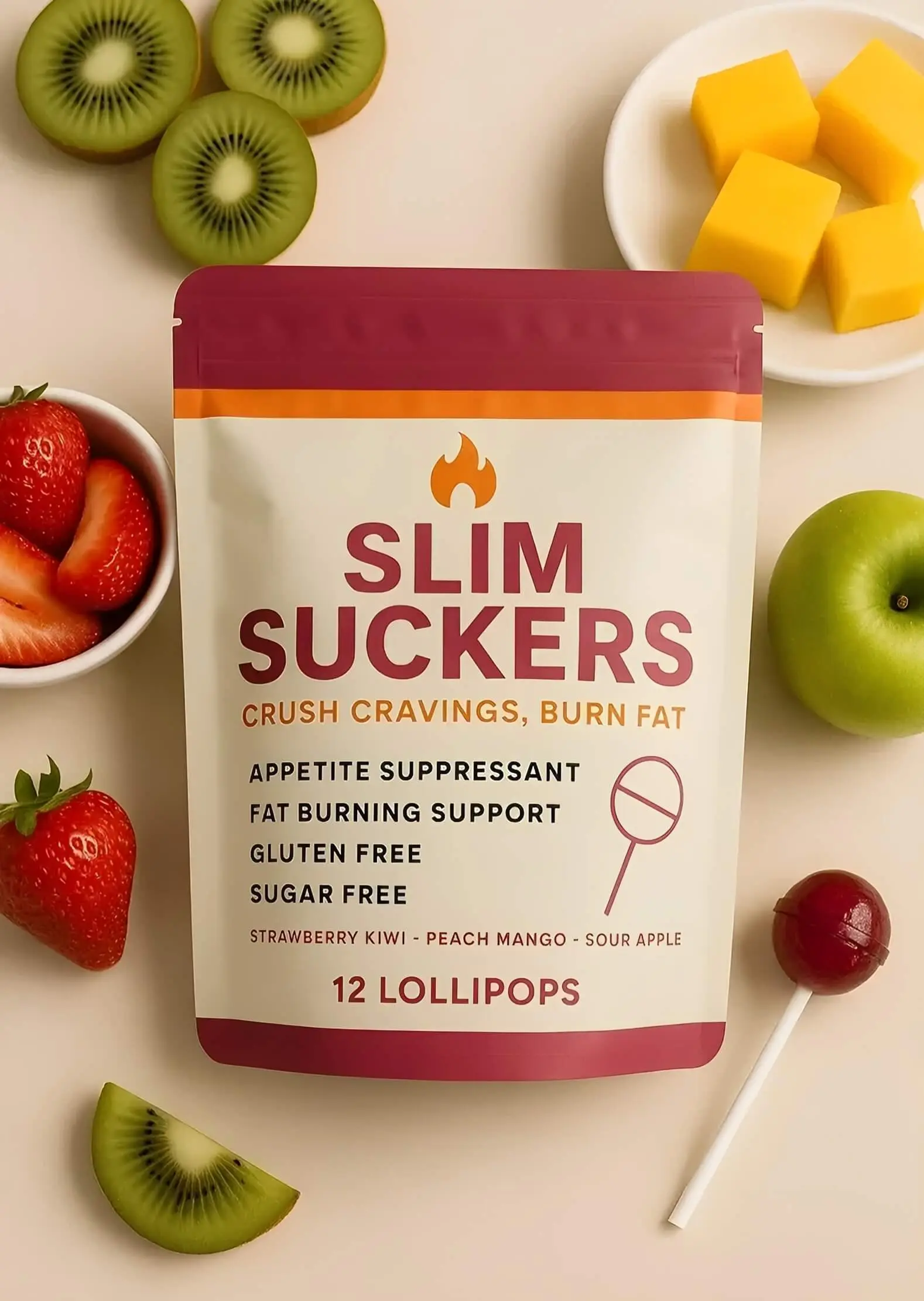 Slim Suckers lollipops with assorted fruits.