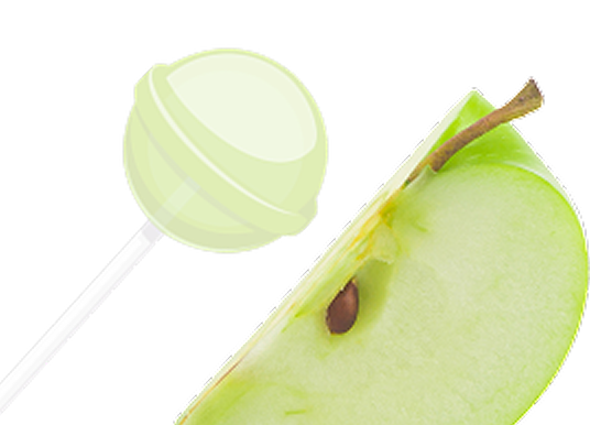 Green apple slice and dark lollipop on black.