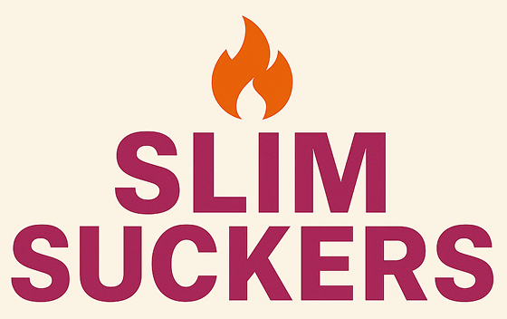 SLIM SUCKERS text with flame icon.