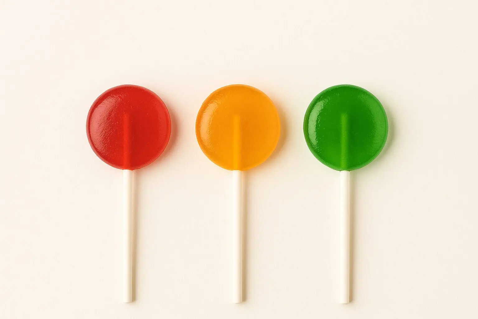 Three colorful lollipops in red, orange, and green on a white background.