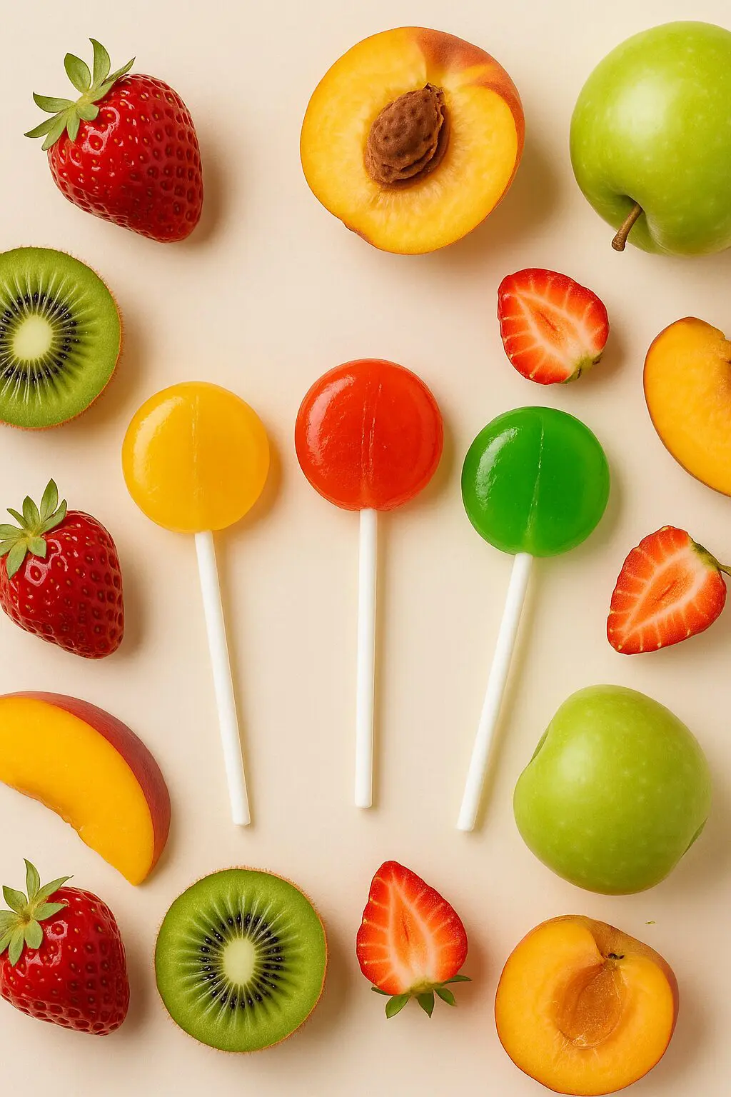 Three colorful lollipops surrounded by assorted fresh fruit slices.