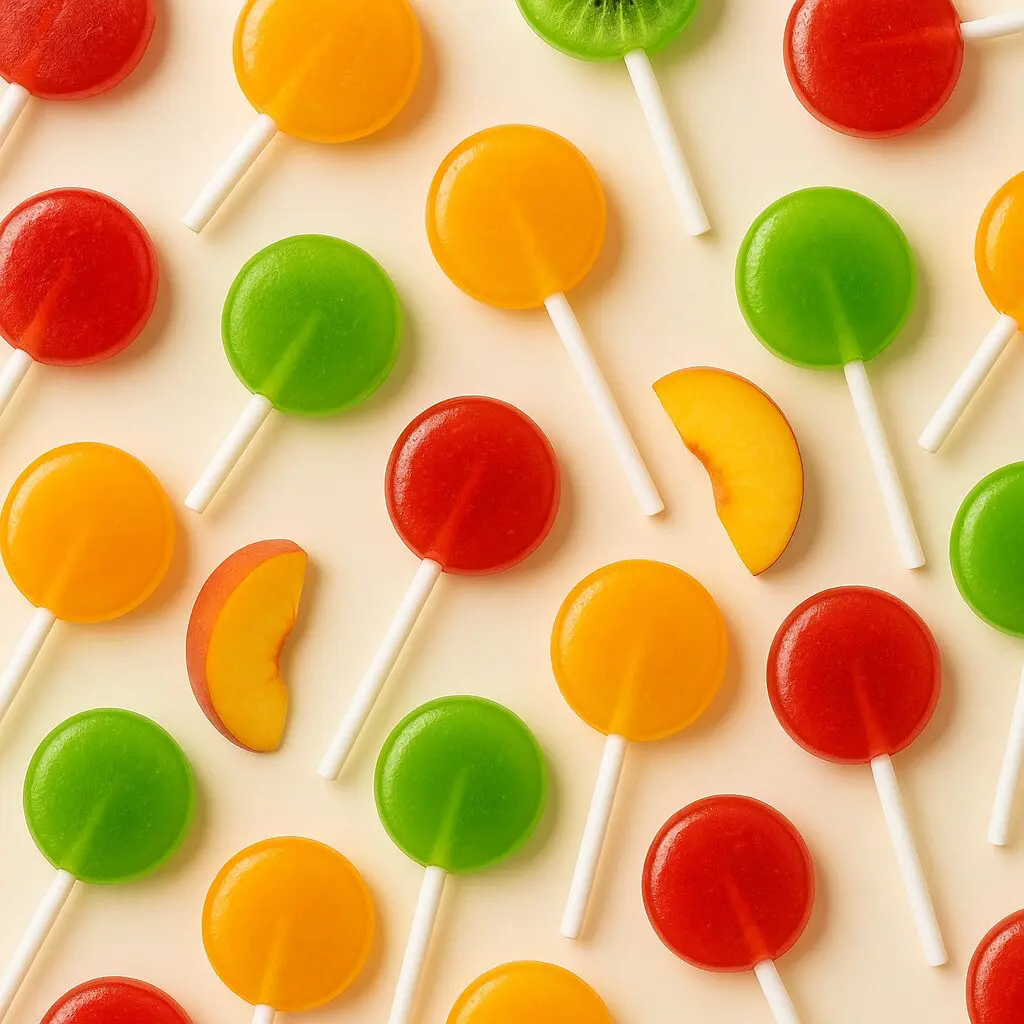 Colorful round lollipops and orange slice candies arranged on a white surface.