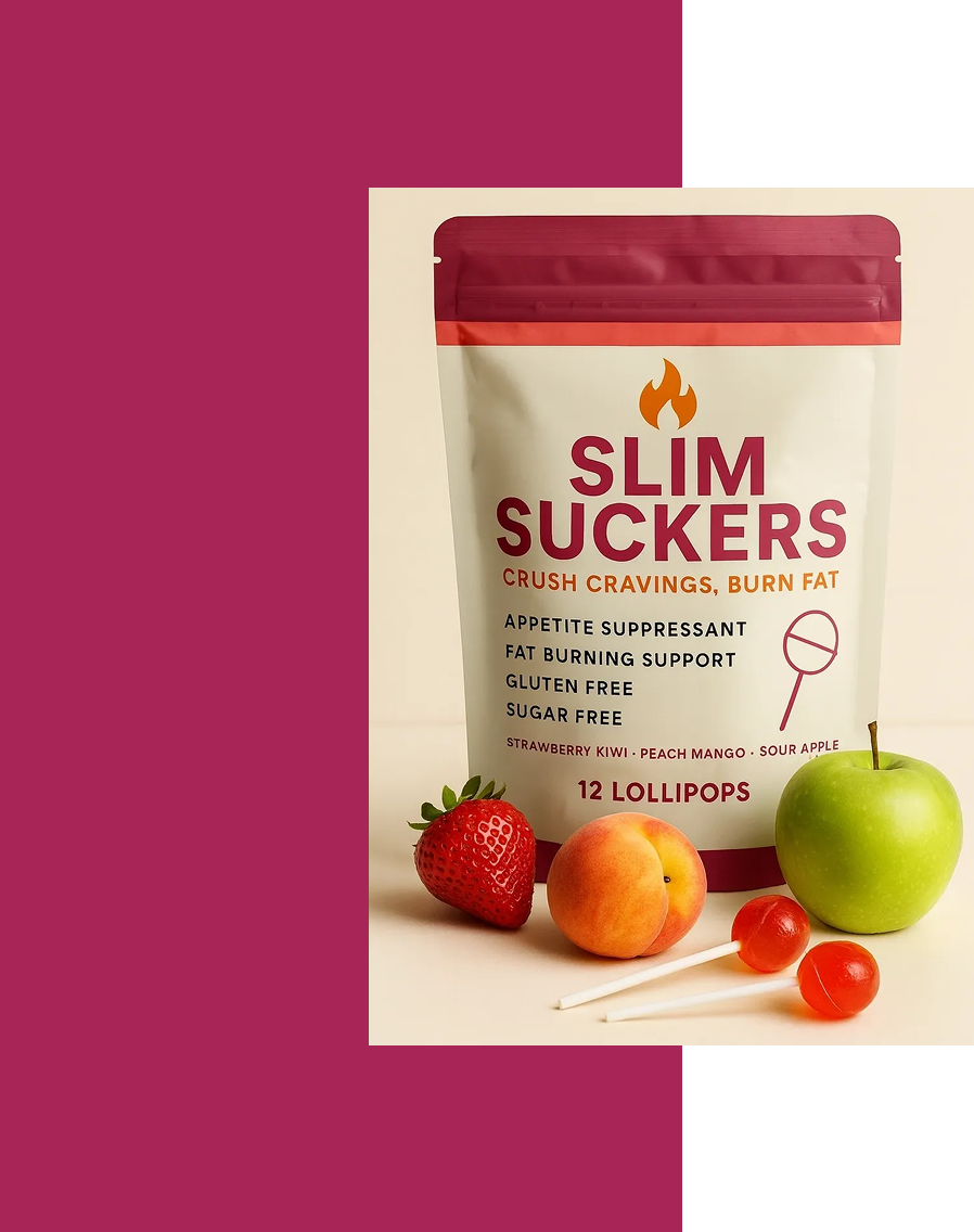 Slim Suckers apple cinnamon flavor supplement with fruit around.