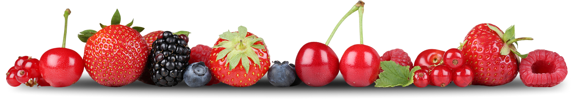 Fresh strawberry, blueberry, and cherry lined up against a black background.