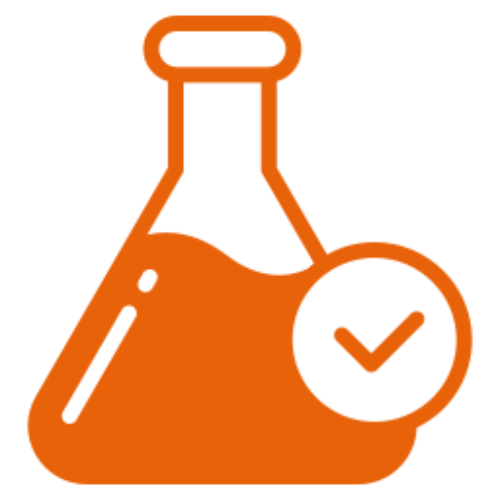 Orange flask icon with checkmark symbol.