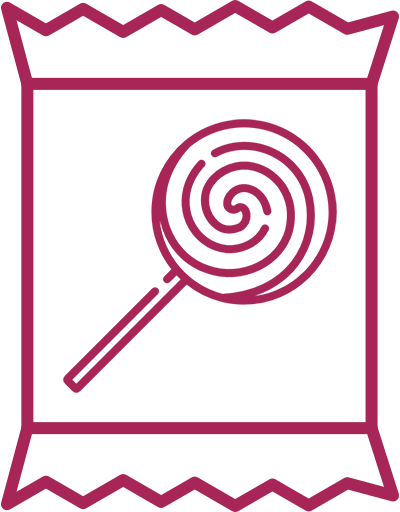 A stylized pink lollipop icon with a spiral design.