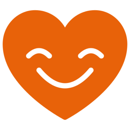 Orange smiley face with heart-shaped eyes on an orange background.