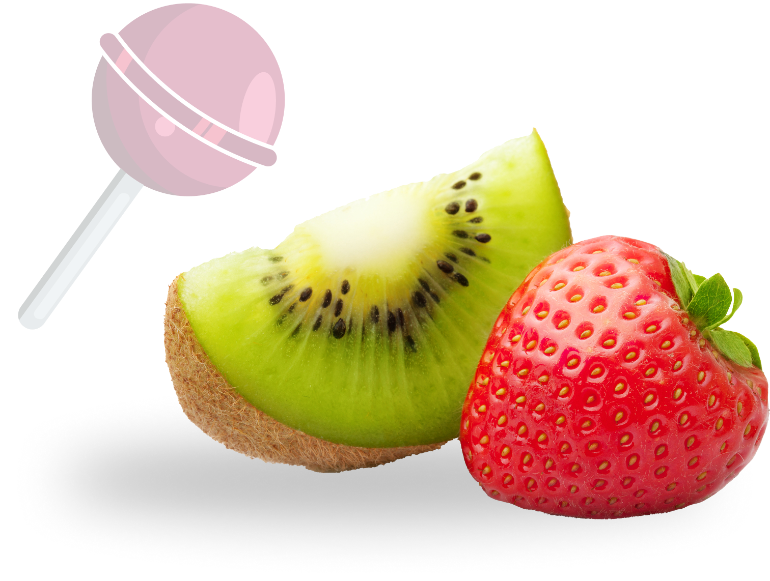 A slice of kiwi, a strawberry, and a lollipop on a dark background.